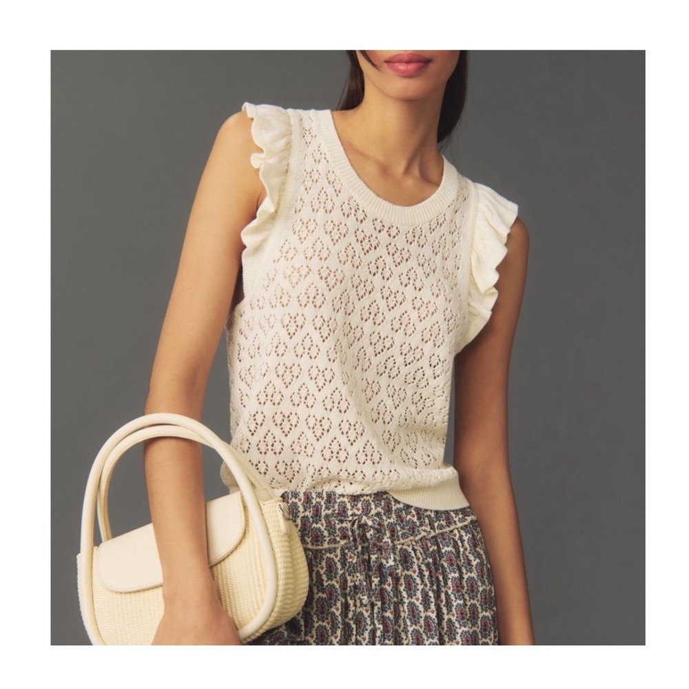 Maeve Ivory Pointelle Heart Ruffle‎ Tank Sweater M